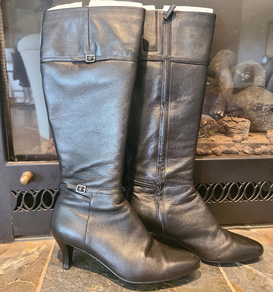 Cole Haan Black Leather Elinor Dress Boot Mid Calf Length High Heel Side Zip 8